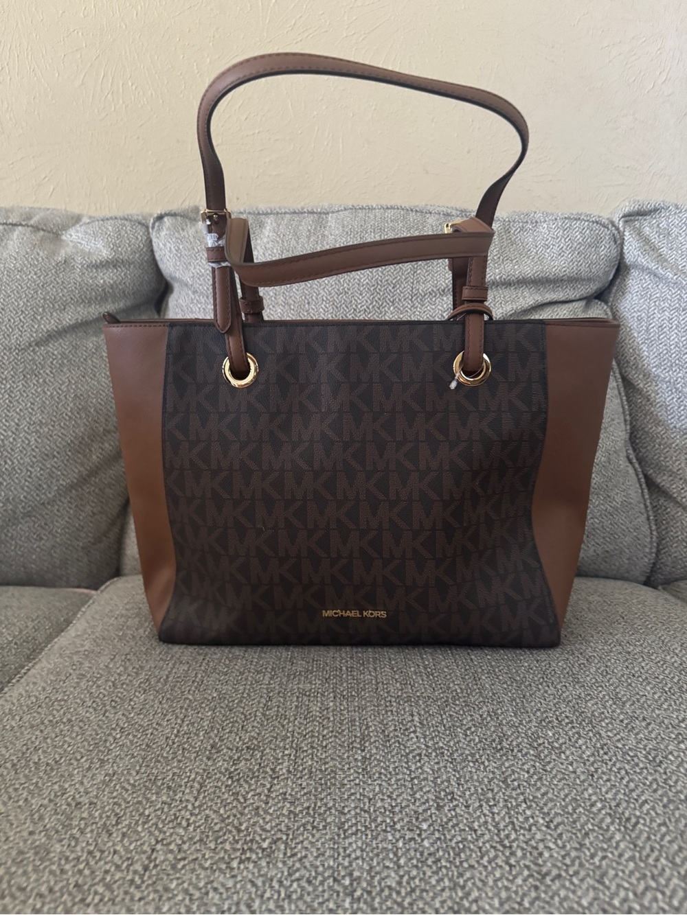 Michael Kors Dark Brown MK Logo Tote with Chestnut Trim - Picture 1 of 4